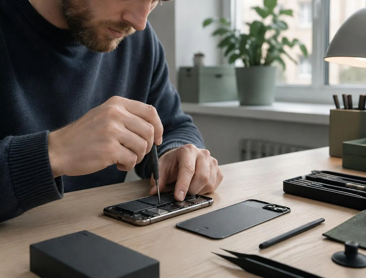 Tekniker reparerar en smartphone vid en verkstadsbänk